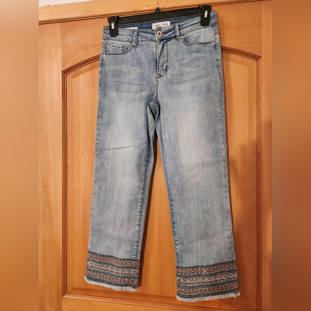 Tribal Women's Light Blue Cropped Jeans with Embroidered And Beaded Hem